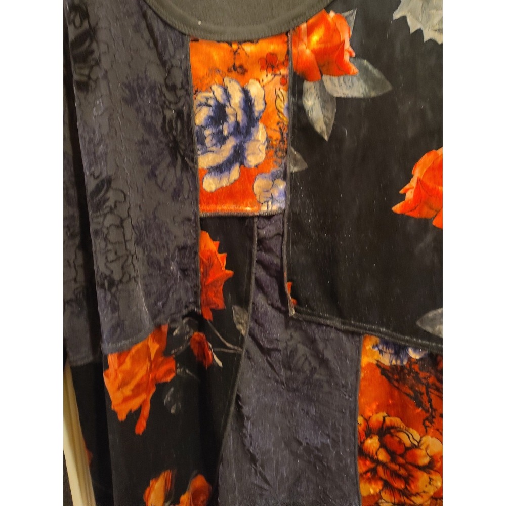 Calessa Floral Rose Leaves Black Velvet Patchwork Panel Burnout Long Sleeve Sz L - Picture 2 of 4